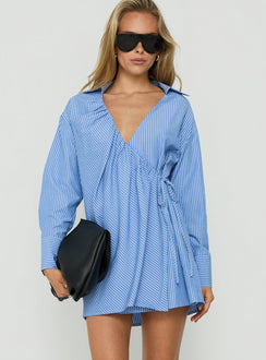 Onami Wrap Long Sleeve Mini Dress Blue Stripe