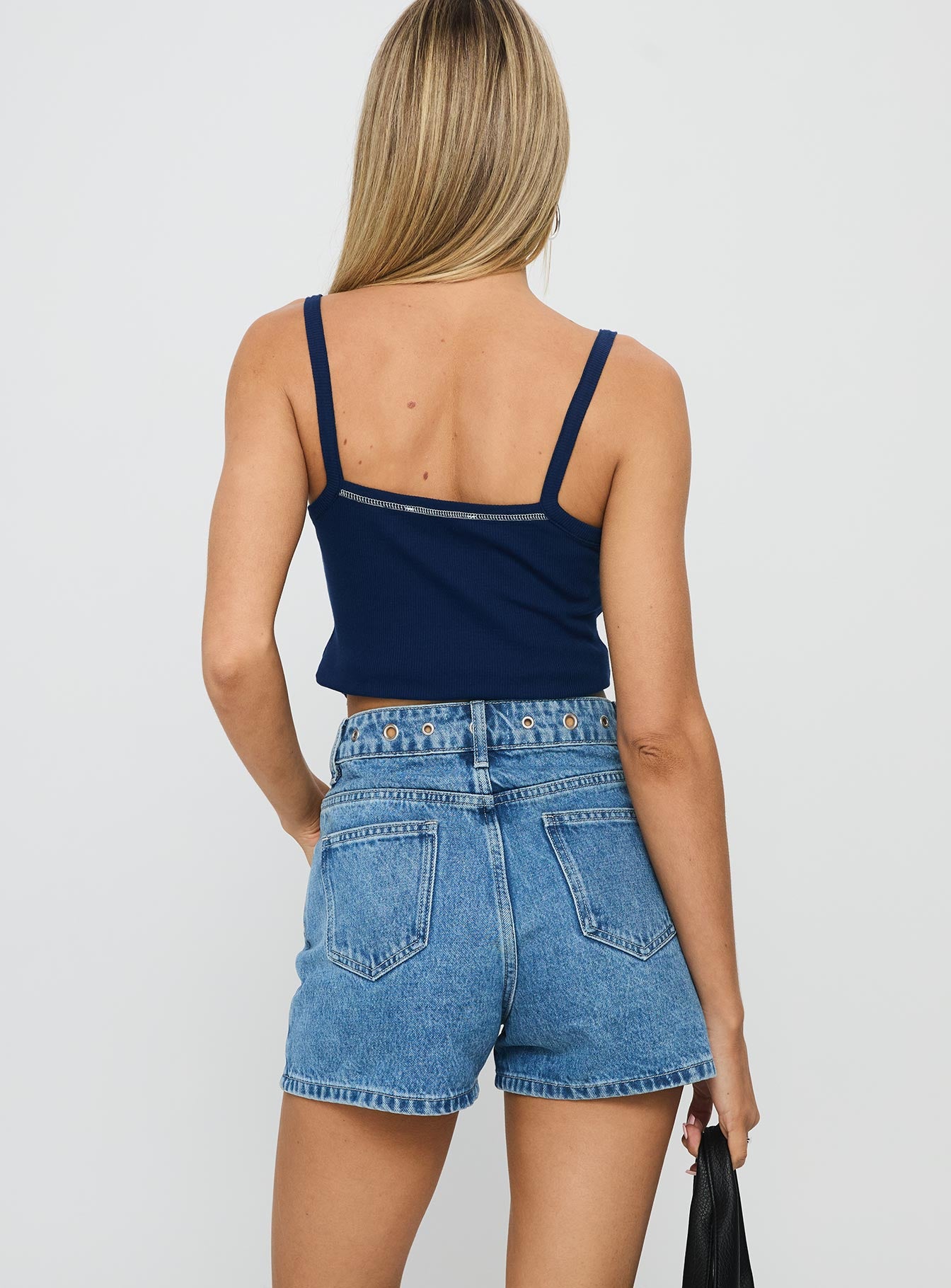 Tropicana Denim Eyelet Detail Shorts Mid Blue