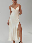 side view of model wearing Princess Polly Vezelay Maxi Dress Champagne Plunger 