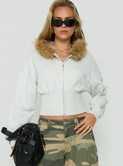 Showcasing the Ramonda Faux Fur Hooded Jumper Grey Marle womens-jumpers with short length and oversized fit front view of model wearing Princess Polly