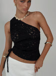 front view of model wearing Princess Polly Sensua One Shoulder Top Black Sleeveless Asymmetric Neckline 