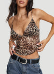 back view of model wearing Princess Polly Fast Times Top Leopard Sleeveless Plunger 