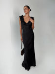 front view of model wearing Princess Polly Butacup Frill Maxi Dress Black V-Neck 