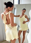 front view of model wearing Princess Polly Kingslie Low Back Mini Dress Baby Yellow V-Neck 