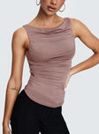 front view of model wearing Princess Polly Kind To Another Ruched Top Mauve Sleeveless Cowl 