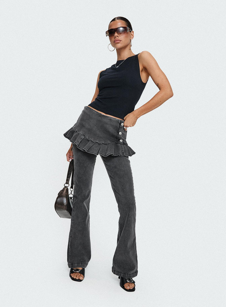 front view of model wearing Princess Polly Jordynne Layered Pant Washed Black High Waisted Pants 