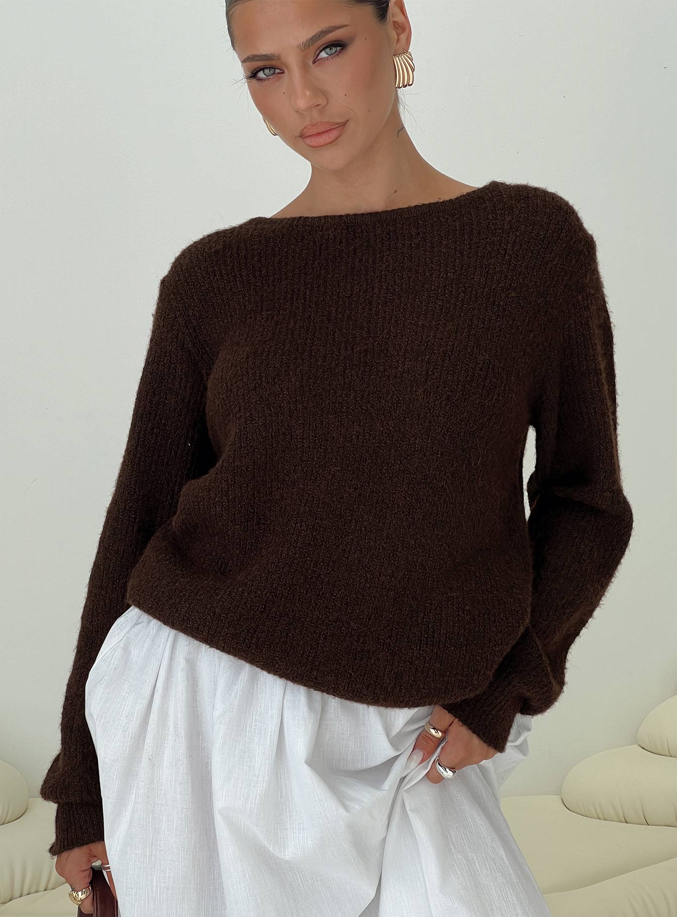 Abrams Rib Knit Crew Sweater Chocolate Marle | Princess Polly