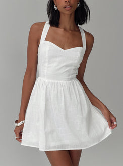 front view of model wearing Princess Polly Zolena Halter Mini Dress White Sweetheart Neckline 