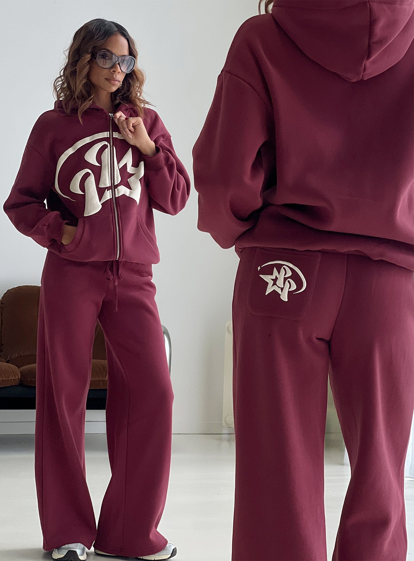 back view of model wearing Princess Polly Princess Polly Stargirl Wide Leg Sweat Pants Burgundy High Rise Pants 
