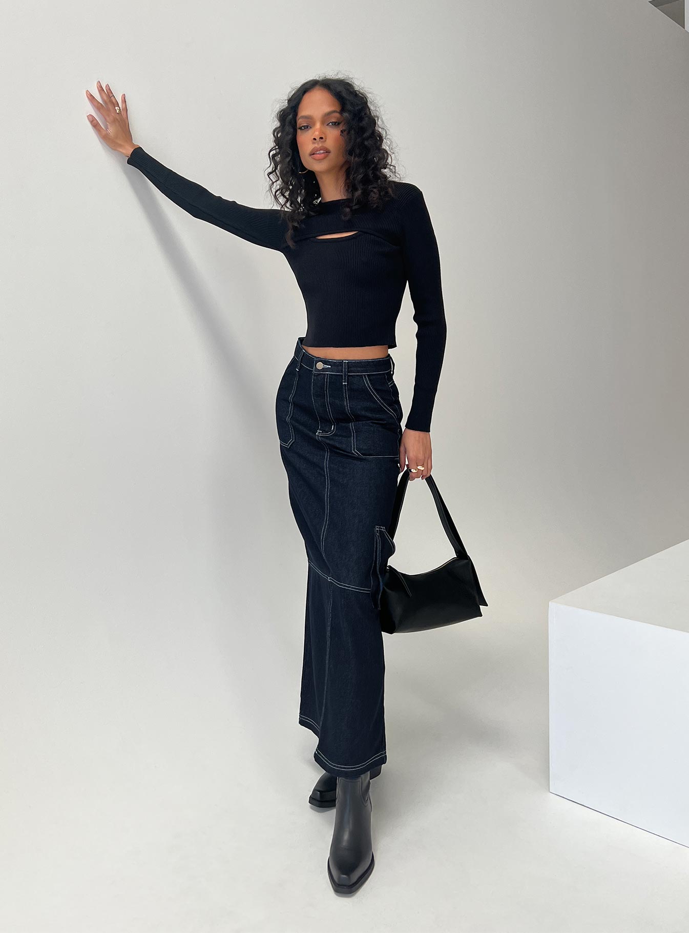   front view of model wearing Princess Polly Vine Maxi Skirt Blue Maxi 