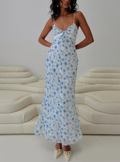 front view of model wearing Princess Polly Emily Maxi Dress Blue Floral V-Neck 