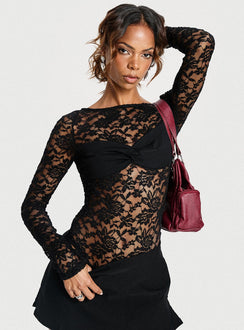 front view of model wearing Princess Polly Anjolene Lace Wrap Bust Bodysuit Black Long Sleeve Tops 