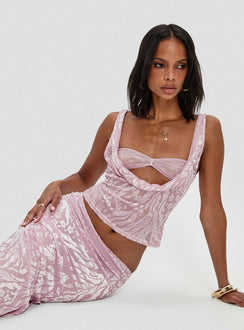 side view of model wearing Princess Polly Delilah Top Pink Sleeveless Cowl 