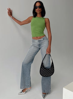 front view of model wearing Princess Polly Slow Ride Belted Jeans Light Blue Mid Rise 