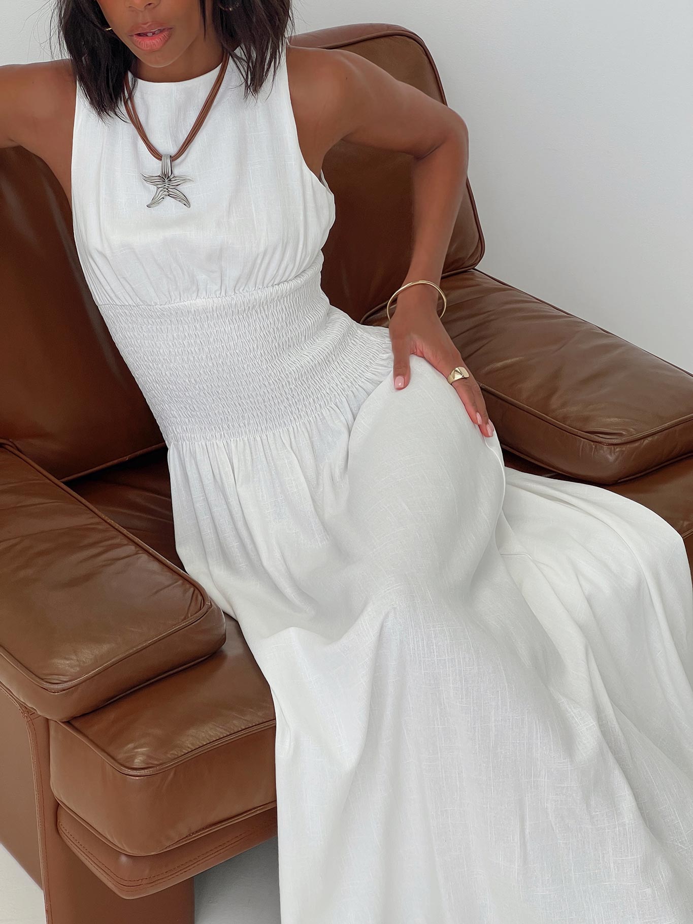 white shirred maxi dress White Frilly Shirred Bodice Tiered Floral Maxi Dress