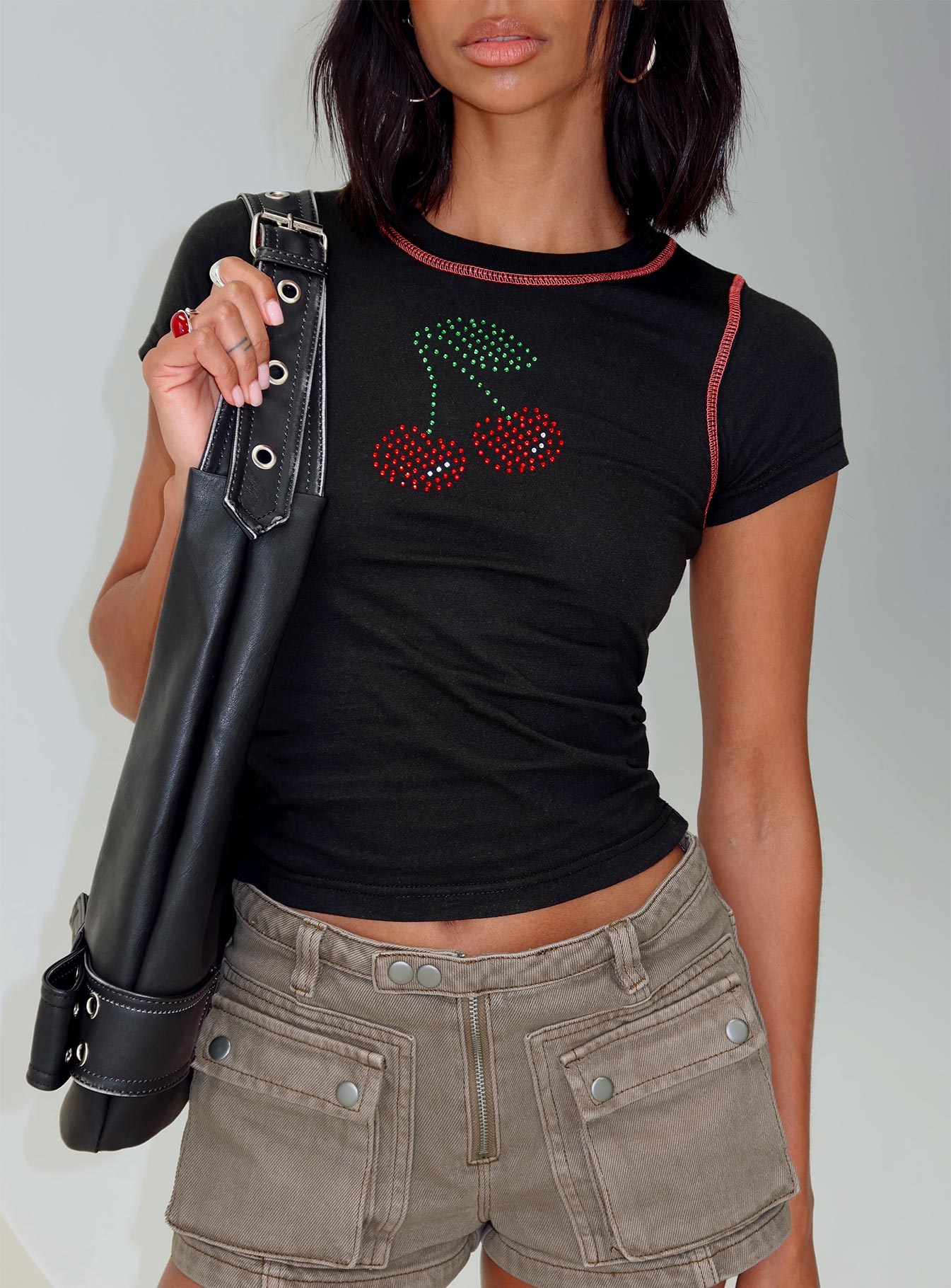 back view of model wearing Princess Polly Cherrie Kisses Top Black Short Sleeves Crew Neck 