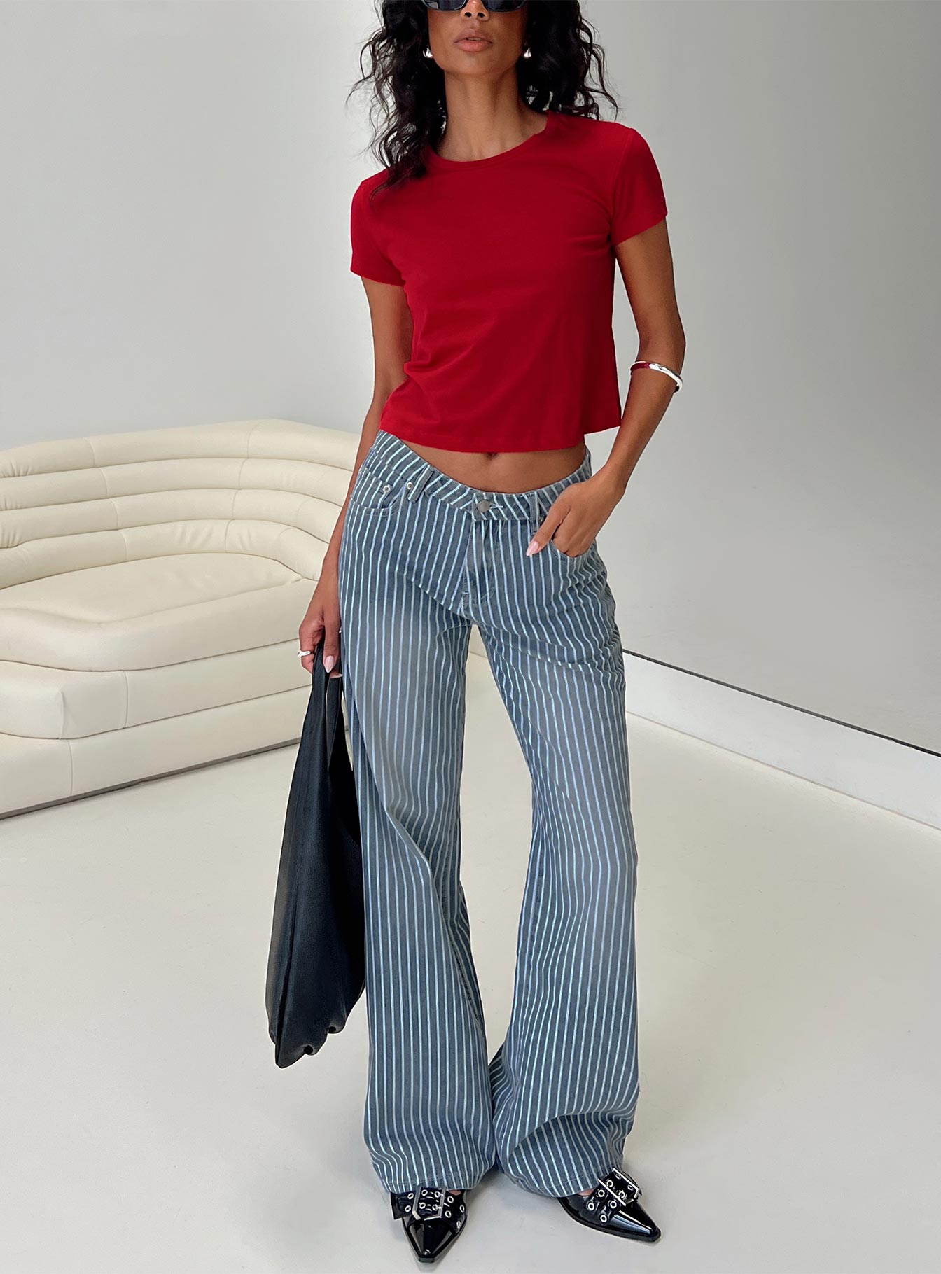 front view of model wearing Princess Polly Blaise Jeans Blue Stripe Mid Rise 