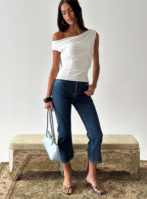front view of model wearing Princess Polly Cindee High Rise Cropped Jeans Mid Blue Wash High Rise Jeans 