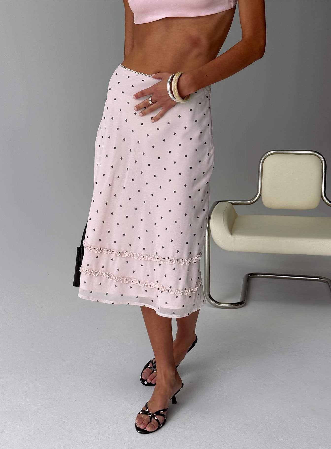 Clarabella Frill Midi Skirt Pink Polka Dot | Princess Polly