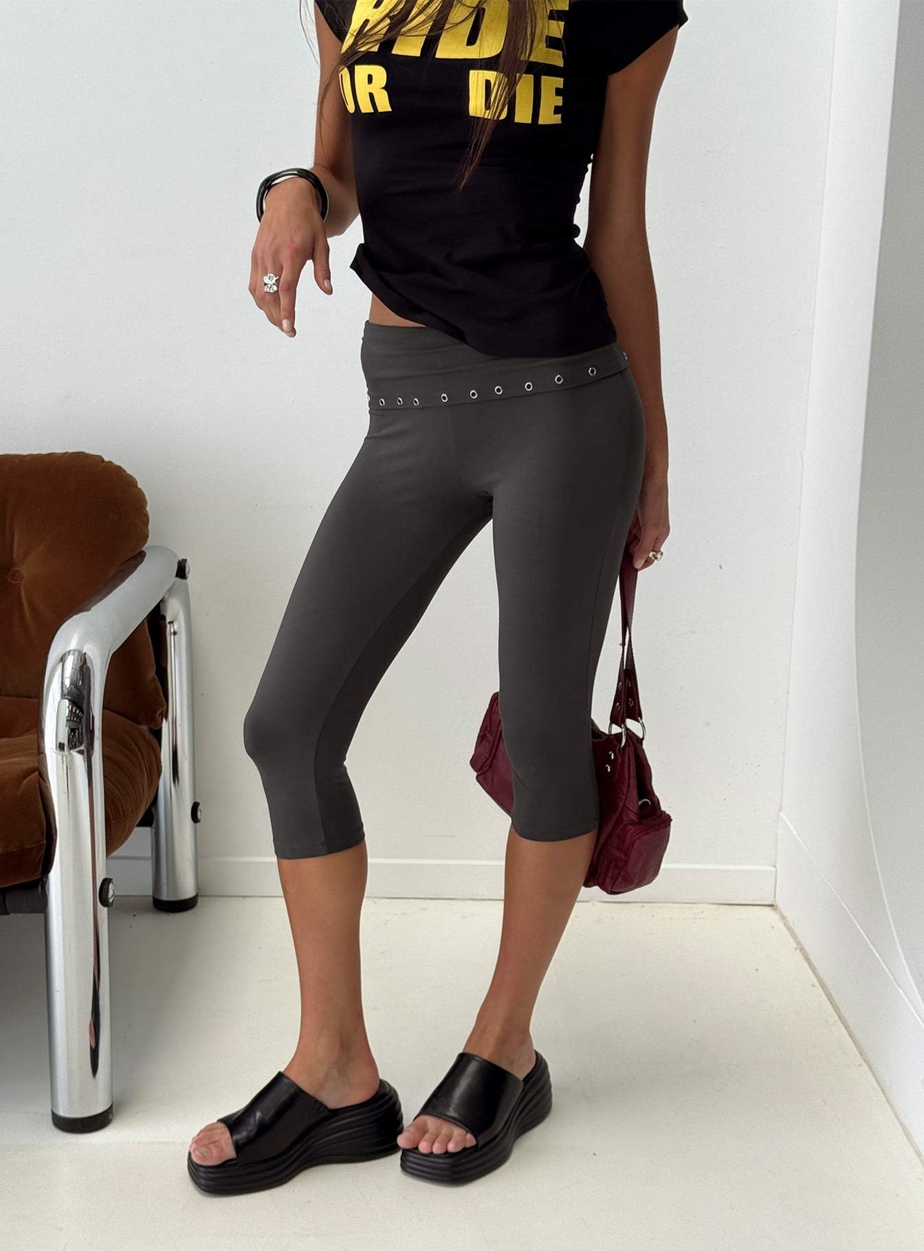 front view of model wearing Princess Polly Enmu Capri Trouser Charcoal Grey Mid Rise Pants 
