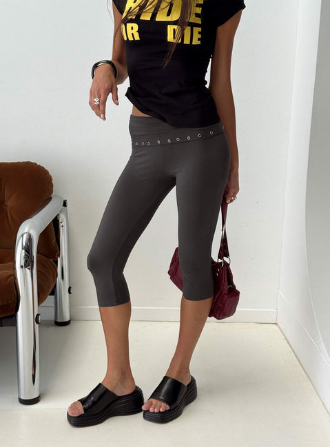 front view of model wearing Princess Polly Enmu Capri Trouser Charcoal Grey Mid Rise Pants 