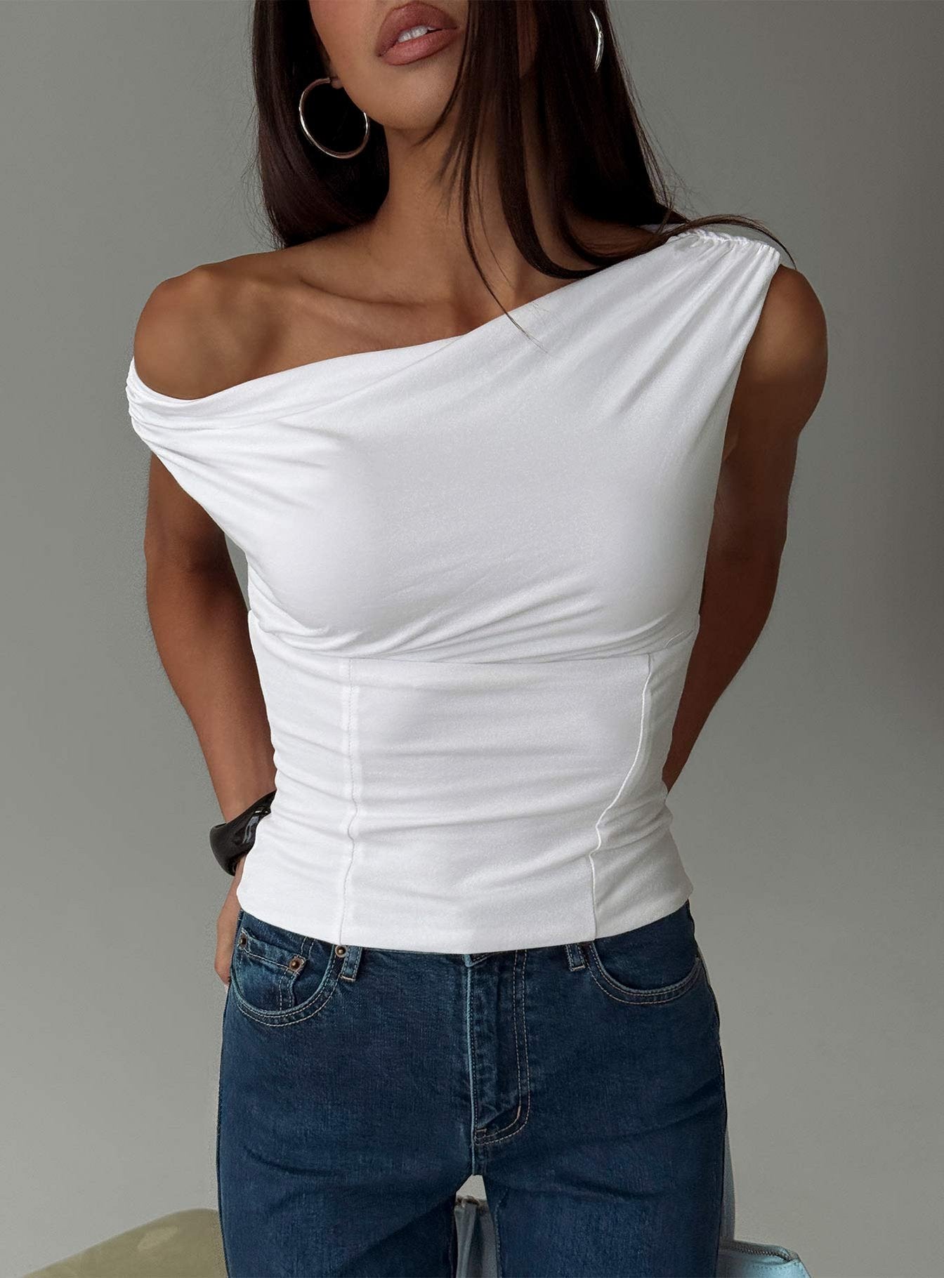 Aidyn Gathered One Shoulder Top White | Princess Polly
