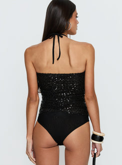 back view of model wearing Princess Polly Edana Ruched Sequin Bodysuit Black Sleeveless 