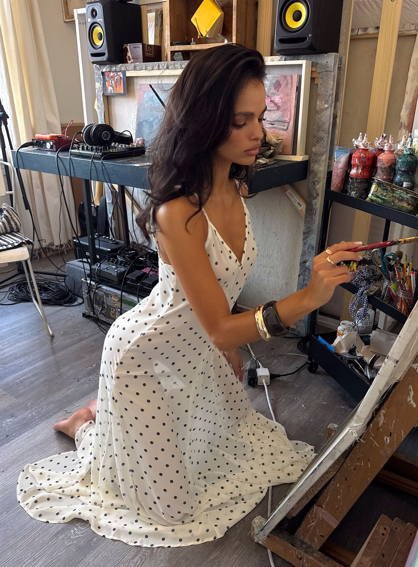 Loulah Sheer Chiffon Maxi Dress Cream Polka Dot