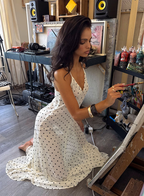 Loulah Sheer Chiffon Maxi Dress Cream Polka Dot