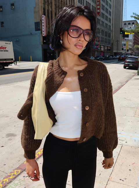 front view of model wearing Princess Polly Hadly Knit Cardigan Brown cropped 