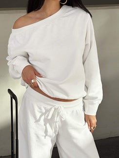 front view of model wearing Princess Polly Wellness Off The Shoulder Jumper Washed White 