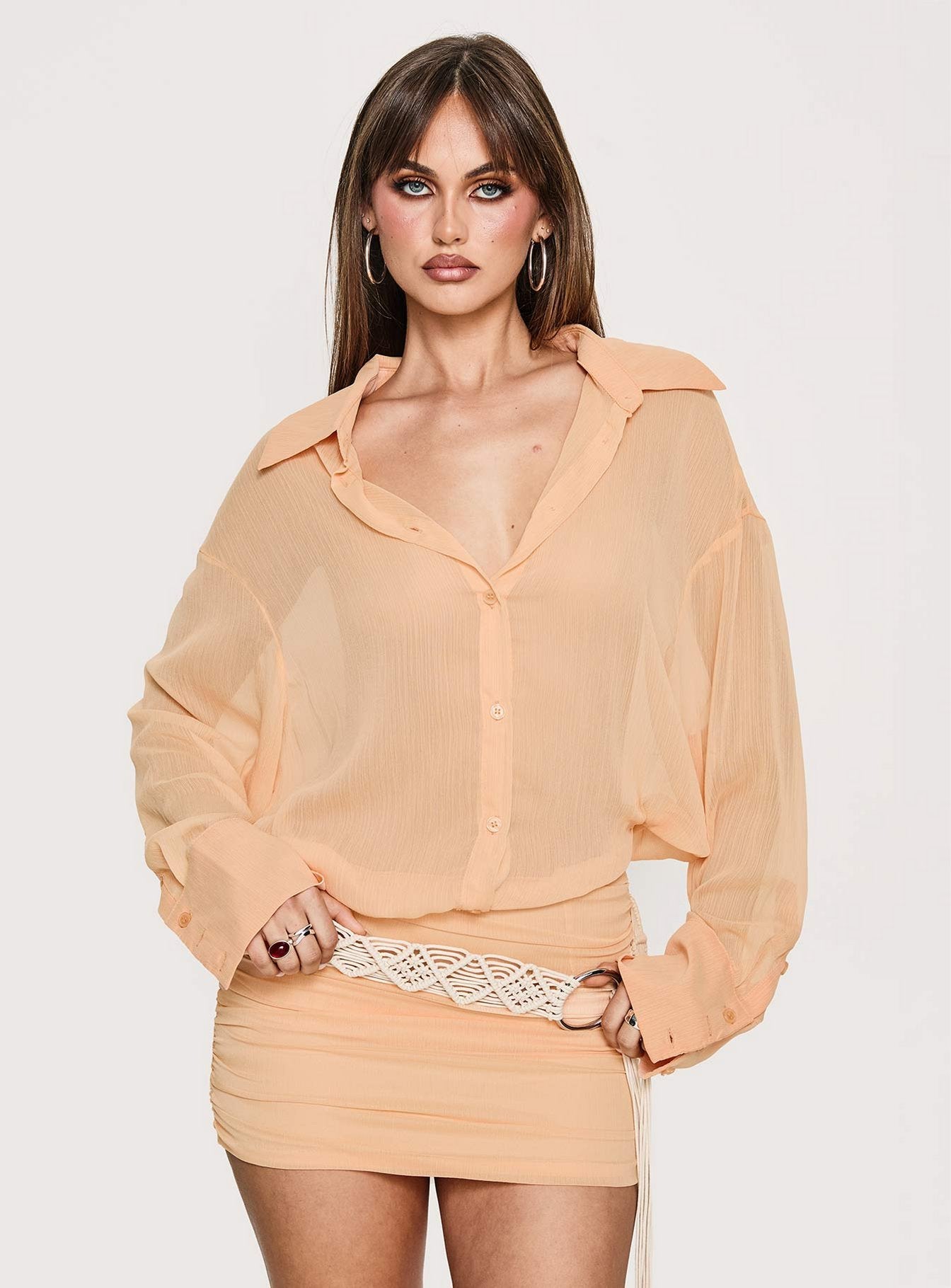 Moonrising Long Sleeve Sheer Blouson Mini Dress Soft Orange