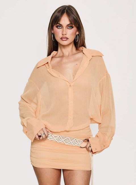 Moonrising Long Sleeve Sheer Blouson Mini Dress Soft Orange