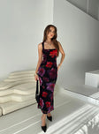 side view of model wearing Princess Polly Eviana Maxi Dress Floral Square Neck 