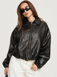 Faux leather bomber jacket Classic collar, drop shoulder, twin hip pockets, elasticated cuffs, drawstring toggle waist, zip fastening down front Non-stretch, fully lined 