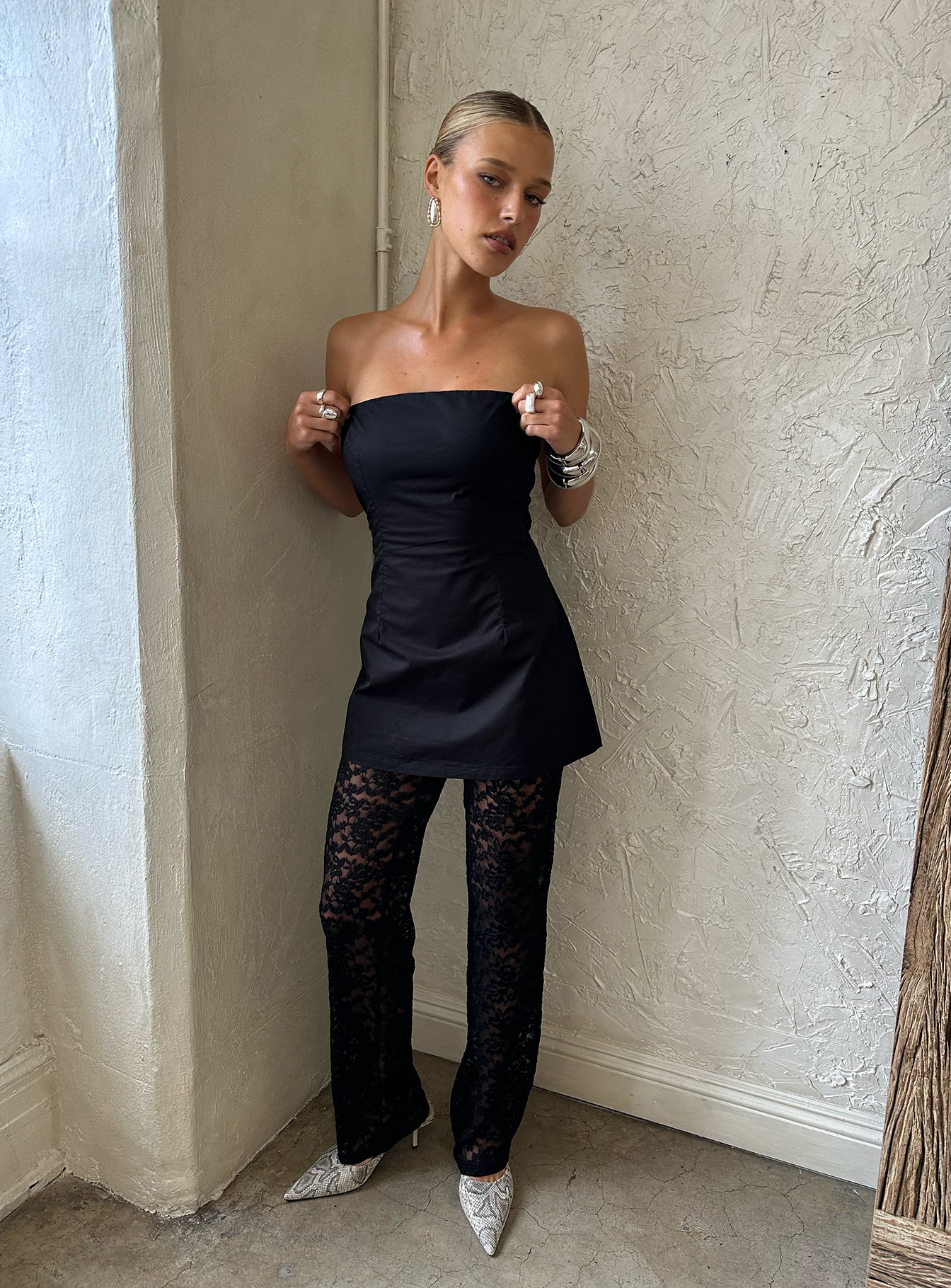black lace dress pants Black Lace Pants with Satin Effect, Shorts Lining & Elastic Waistband Gilles Pants by EASY CLOTHES Size S