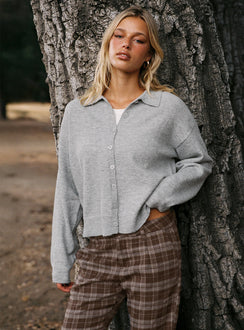 front view of model wearing Princess Polly Nadyna Collared Cardigan Grey Marle 