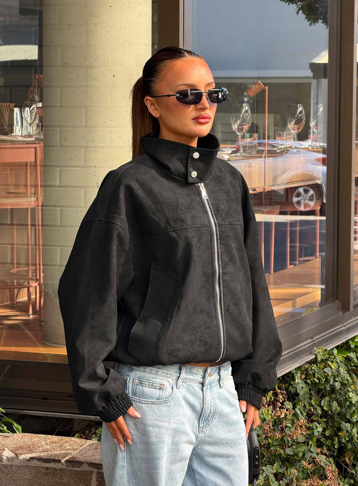 Ellissa Faux Suede Bomber Jacket Black