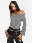Grey Off-the-shoulder top Sheer knit material, folded neckline, flared sleeves, inner silicone strip at bust