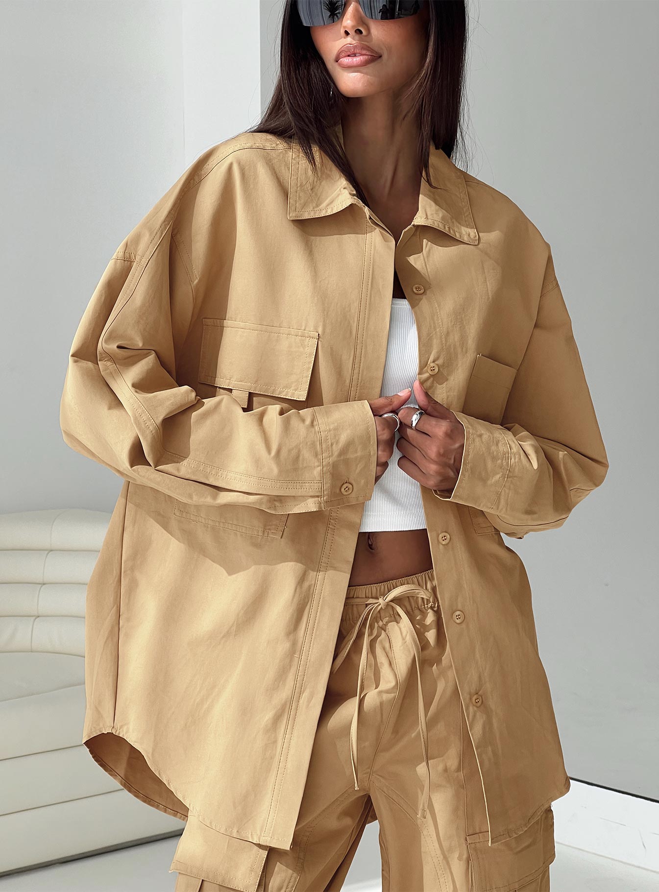 Caramel Cargo shacket Relaxed fit, classic collar, three pocket design, drop shoulder, single button cuff, button down fastening at front 