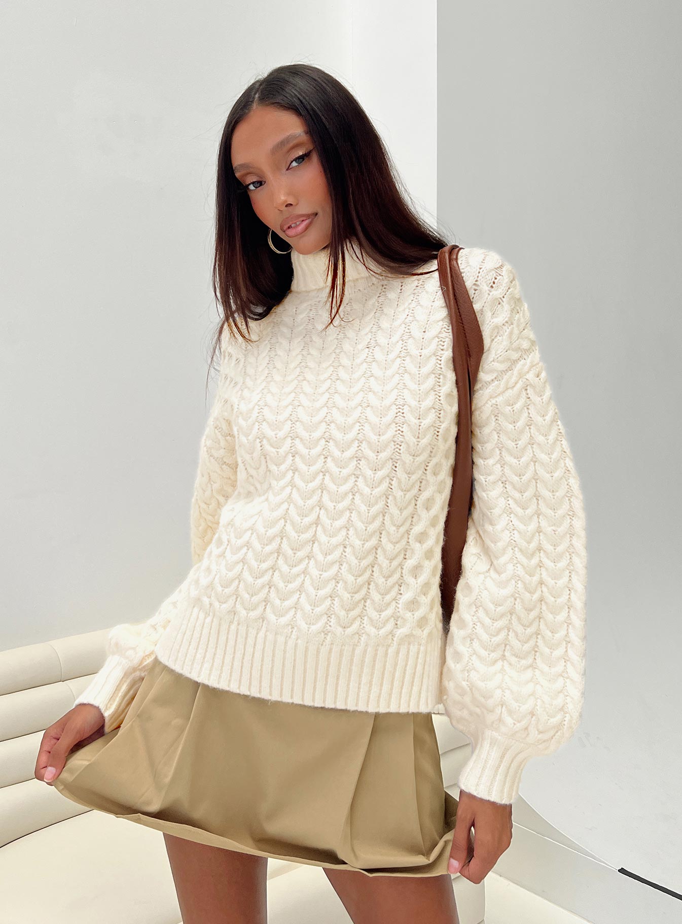 Judson roll neck cable knit sweater cream