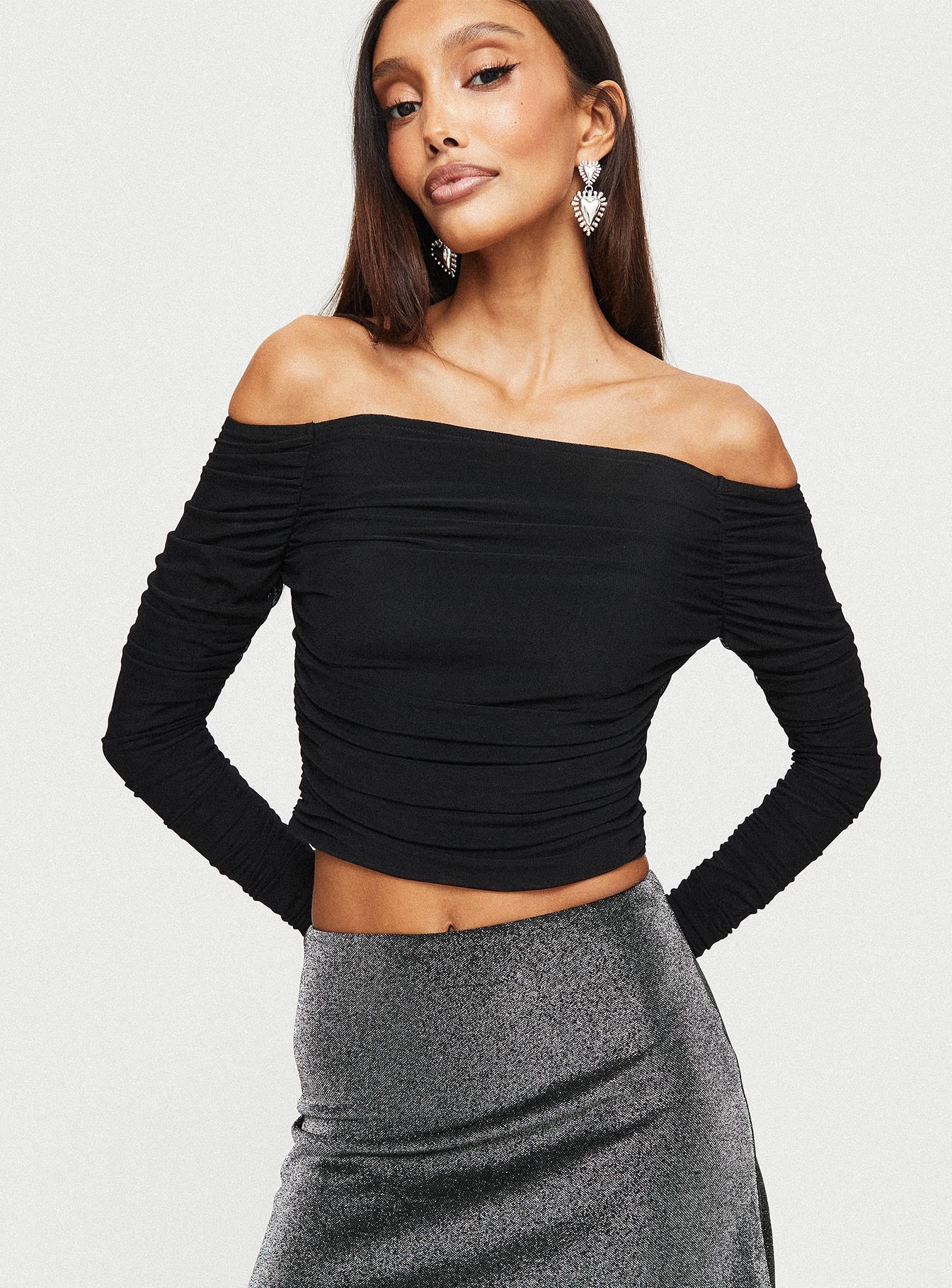 product Princess Polly Full Sleeves Asymmetric Neckline  Moreno Off The Shoulder Top Black