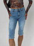 front view of model wearing Princess Polly Elidi Denim 3/4 Pant Blue High Waisted Pants 