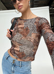 back view of model wearing Princess Polly Tied In Long Sleeved Top Leopard Full Sleeves Boat Neck 