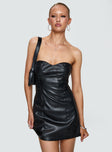 front view of model wearing Princess Polly Hotline Faux Leather Mini Dress Black Sweetheart Neckline 