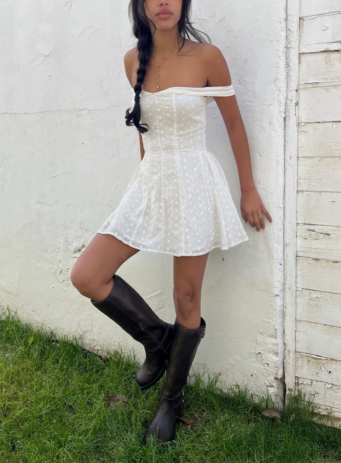 Rosebud Broderie Off The Shoulder Mini Dress | White | Womens | Princess Polly Rosebud Broderie Off The Shoulder Mini Dress | White | Womens | Princess Polly