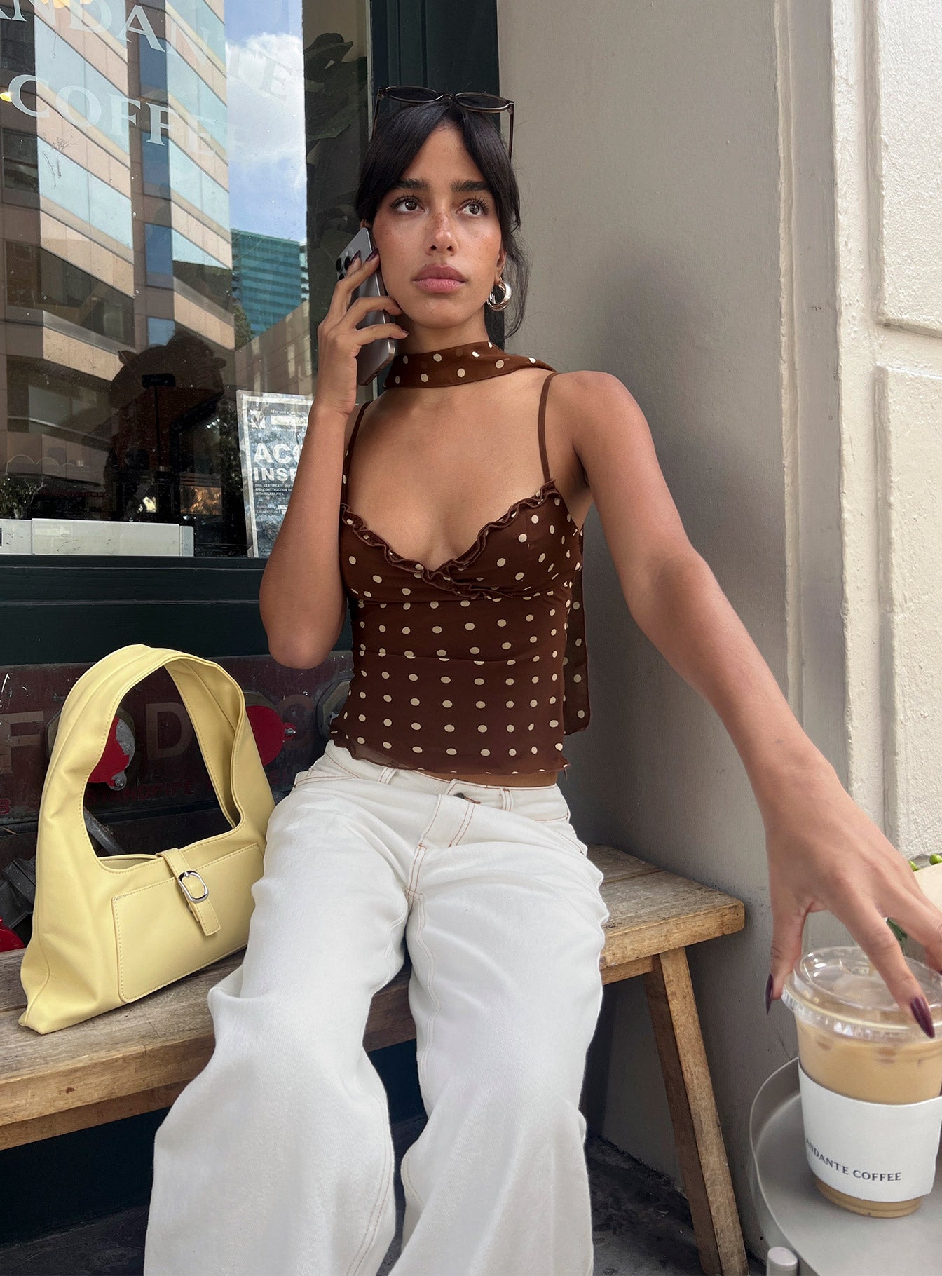 Mishy Scarf Detail Cami Top Brown Polka | Princess Polly