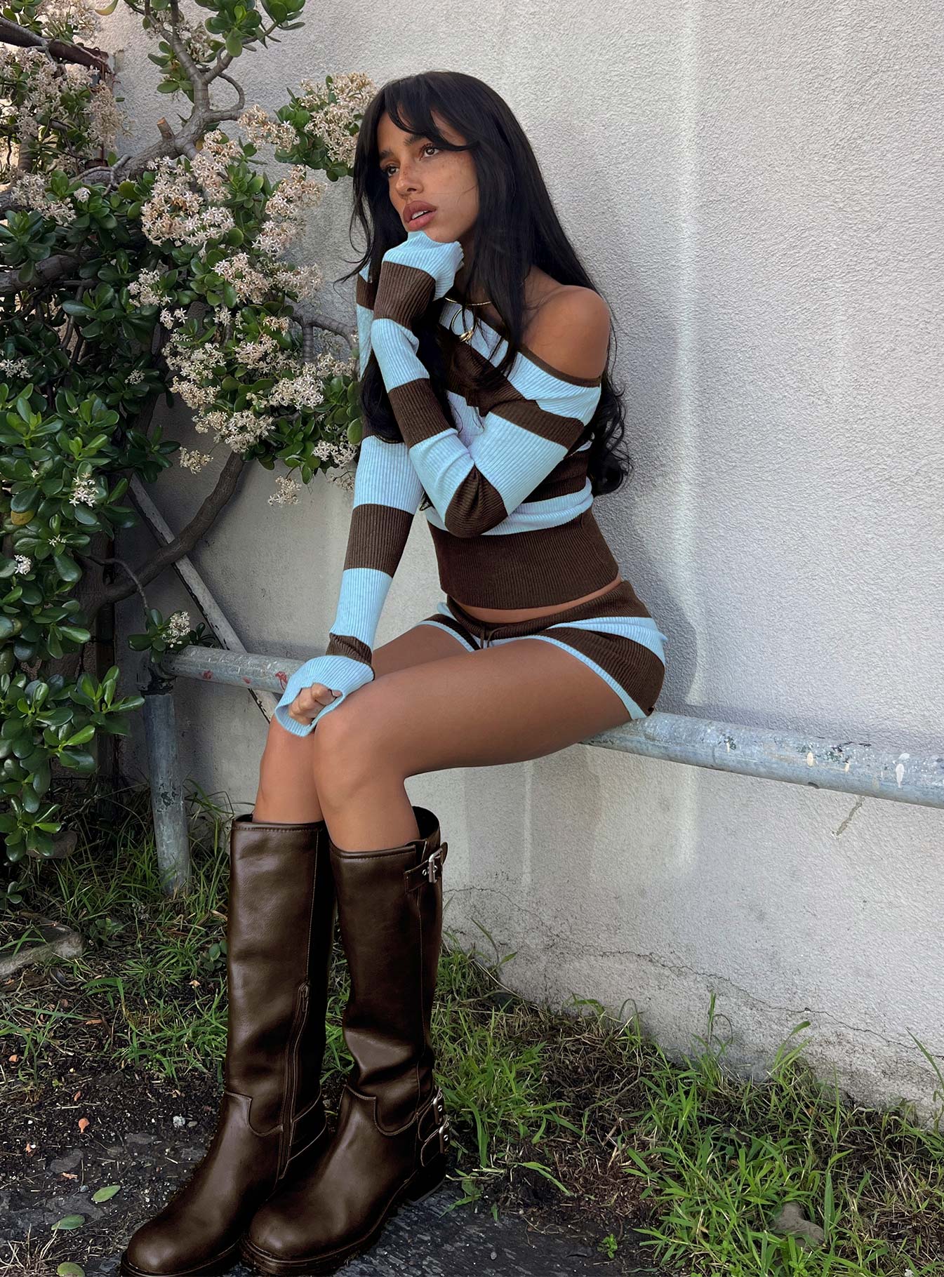 Ahani Off Shoulder Knit Top Blue / Brown