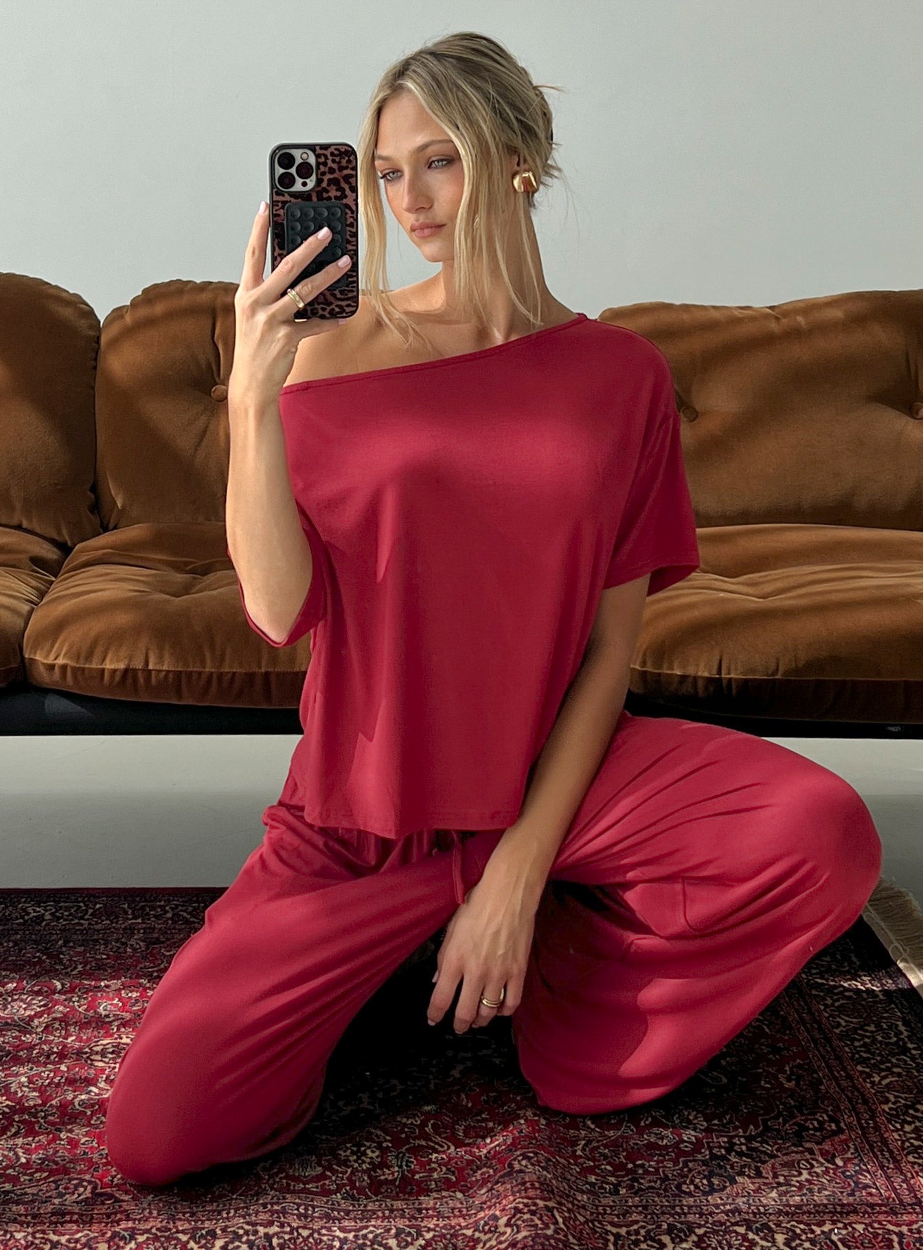 Cozy Hour Sleep Relaxed Off Shoulder Top Red