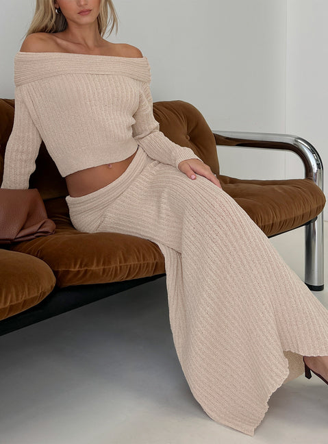   front view of model wearing Princess Polly Devion Foldover Waist Maxi Skirt Beige Maxi Skirts 
